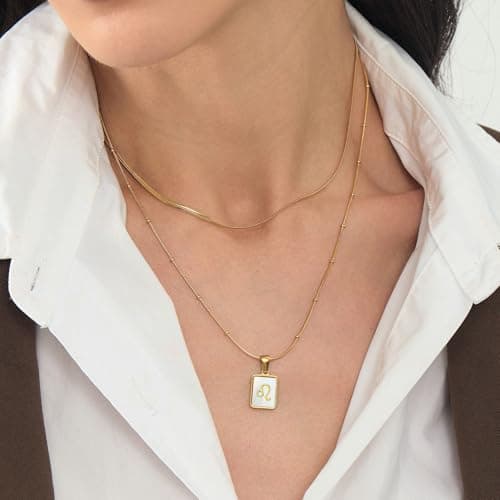 LETFLY Leo Zodiac Necklace for Women, 18K Gold Plated Natural Shell Astrology Pendant, Double Layered Snake Chain Personalized Celestial Jewelry, Birthday Gifts for Women - Thumbnail 2