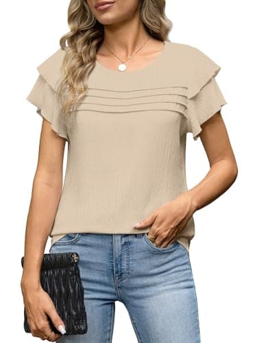Funlingo Womens Tops Dressy Casual Summer Ruffle Short Sleeve Blouses Crew Neck Pleated Office Work Shirts 2026 Business Casual Outfits Khaki XL - Image 1