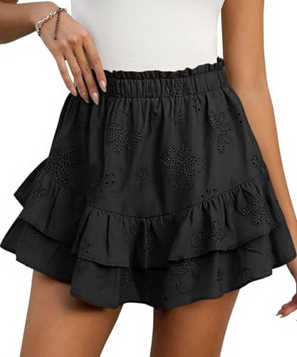 ECOWISH Flowy Mini Skirts for Women with Shorts Underneath Ruffle Tiered Skorts Elastic High Waist Tennis Golf Spring 2026 Black Large