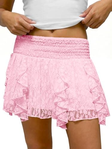Tankaneo Womens Lace Mini Skirt Pleated Hight Waisted Cute Mesh Ruffle Short Skirts A Line Going Out Skort Light Pink - Image 1