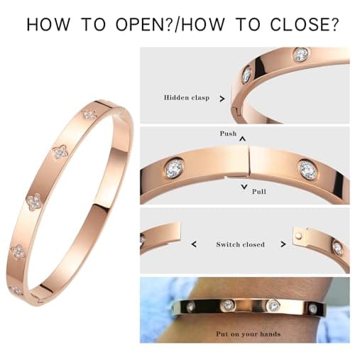 BOLAGTIER Gold Plated Bangle Bracelets for Women Four Leaf Clover Lucky Love Cubic Zirconia Bracelet (Clover Rose Gold-Medium) - Thumbnail 5
