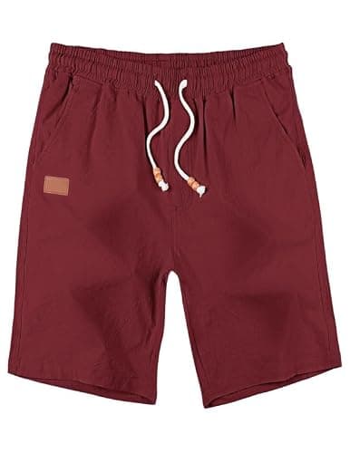 AUSELILY MEN Men's Cotton Linen Shorts 9 inch Drawstring Casual Elastic Waist Mens Summer Beach Vacation Shorts Big and Tall with Pockets Wine Red M - Thumbnail 3