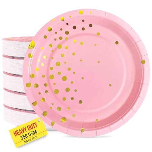 100 PCS Disposable Paper Plates for Party Supplies, Pink and Gold Dessert/Cake Plates, Heavy Duty Gold Plate for Party, Birthday, Graduation, Wedding, Engagement, Baby Shower, All Anniversary (7IN)