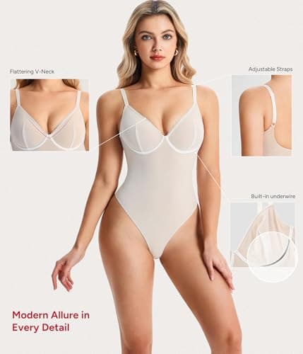 Nebility Shapewear Bodysuit for Women tummy control - V Neck Thong Body Suit with Underwire, Low back Going Out Tops - Thumbnail 4