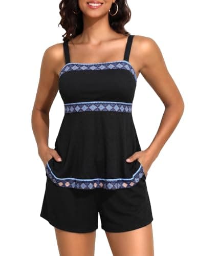 Hilor Swimsuits for Women Empire Waist Tankini Swimwear Modest Loose Fit Two Piece Bathing Suits Black Aztec XL/US12-14 - Image 1
