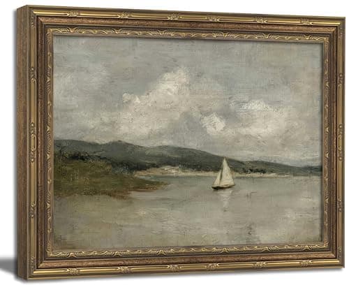 Gold Framed Wall Art, Vintage Coastal Sailboat Canvas Prints - Antique Ocean Beach Landscape Pictures, Rustic Nautical Farmhouse Seascape Decor Gallery Artwork for Living Room, Bedroom 12x16 inch