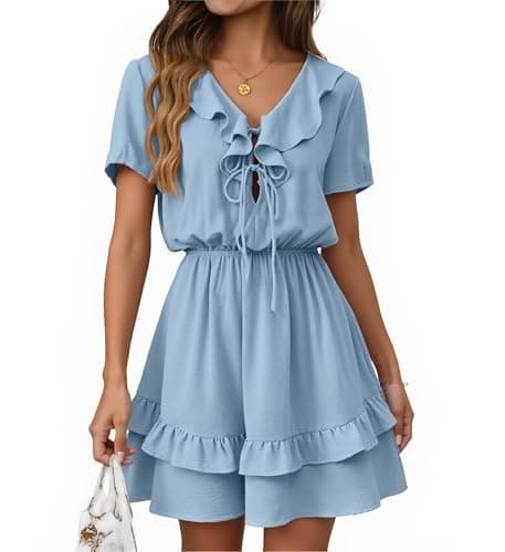 Angashion Womens Tie Front Mini Dress: V Neck Long Sleeve Layer Ruffle Hem Dress with Pockets 2491Light Blue Small - Image 1