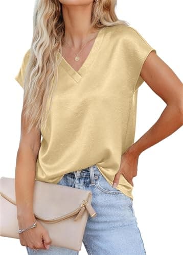 RUMIA Short Sleeve Satin Blouses Tops for Women- Ladies V Neck Blouse Shirt Dressy Casual Bussiness Work Outfit Yellow - Image 1