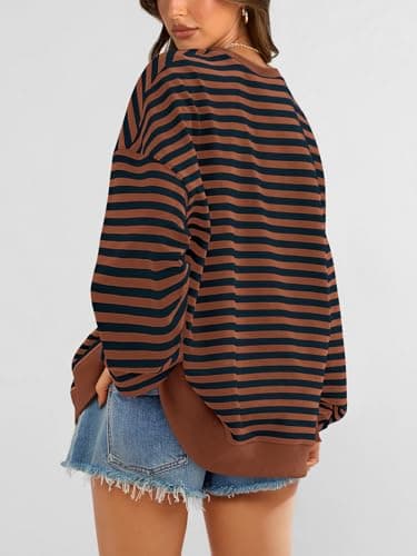PRETTYGARDEN Women Striped Oversized Sweatshirt Color Block Crew Neck Long Sleeve Casual Pullover Top Spring Y2K Clothes (Brown Navy, Small) - Thumbnail 5