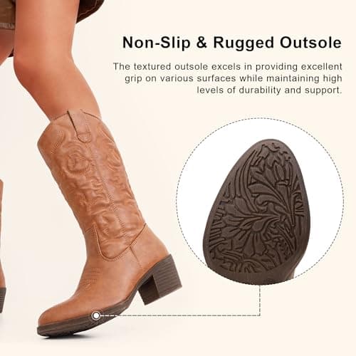 Vepose Women's Cowboy Boots Western Cowgirl Round Toe Mid Calf Boots,Brown,Size 6M US(CJY9801 Brown 06) - Thumbnail 5