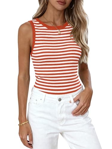 PRETTYGARDEN Summer High Neck Striped Tank Tops for Women Casual Sleeveless Sweaters Basic Ribbed Knit Slim Fitted Shirts(Striped Burnt Orange,X-Large) - Image 1