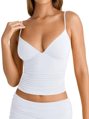 PINKMSTYLE White Spaghetti Strap Tank Top Tight Double Lined V Neck Slim Y2k Cami Tank Tops for Women Summer Sleeveless Shirts White X-Large - Thumbnail 2