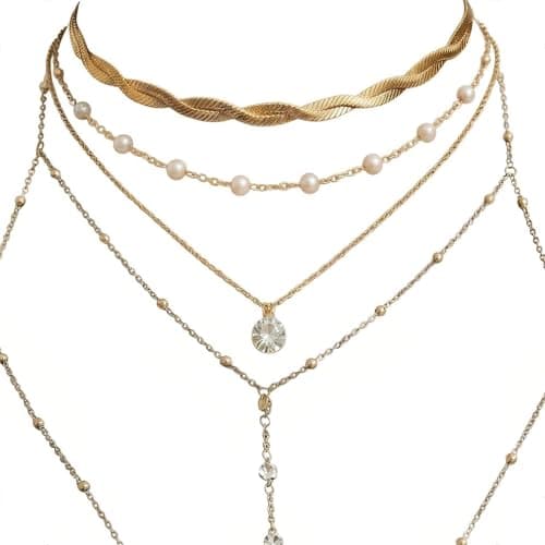 Selfgleam 14K Gold Plated Sexy Body Chains for Women - Layered Belly Waist Chain Festival Rave Accessories, 4-in-1 Detachable Pearl Choker Chest Harness Bikini Beach Jewelry - Image 1