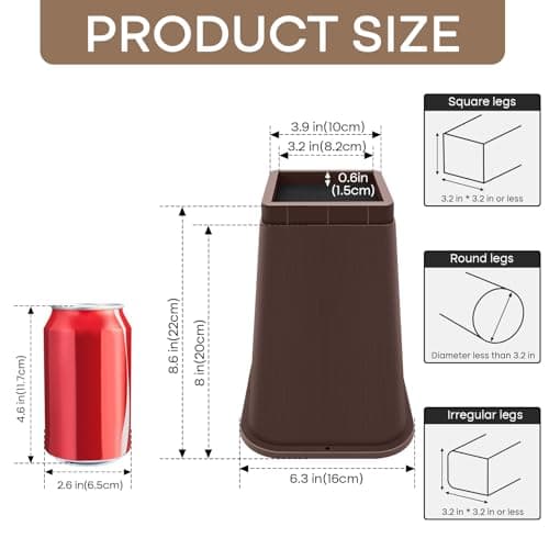 MCXYEM Bed Risers Heavy Duty, Adjustable Furniture Risers 8 inch, Non Slip Lift Supports for Beds/Couches/Sofas, Durable Square Design with Creates Storage Space (Brown 9 Pack, 8 Inch) - Thumbnail 2