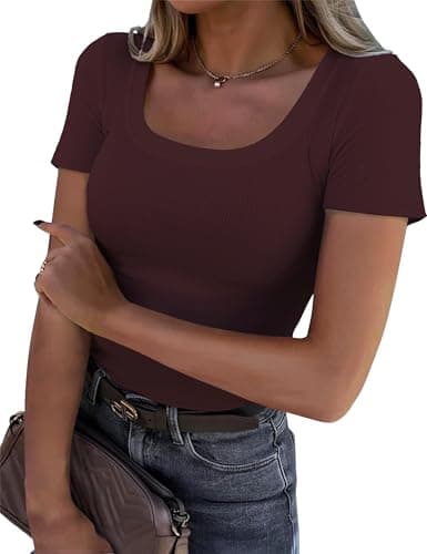 C.O.Z.Y Womens Short Sleeve Scoop Neck Tops Ribbed Knit Basic Tee Casual Summer Fitted Shirts 2025 Trendy Outfits Burgundy Small - Image 1