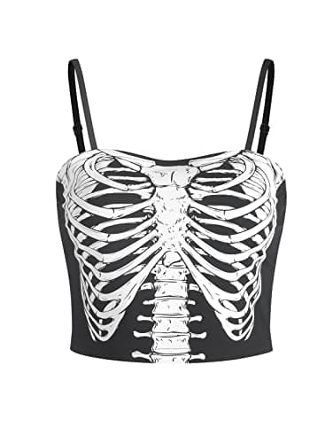 ZAFUL 2024 Halloween Costumes Fall Skeleton Sleeveless Crops Tops Shirts Womens Graphic Trendy Sexy Going Out Cami Tank Top B-Black - Image 1