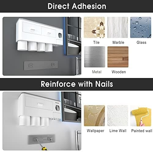 iHave Toothbrush Holders Wall Mounted with Toothpaste Dispenser & 4 Cups - Thumbnail 6
