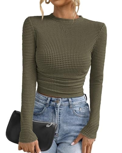 PRETTYGARDEN Womens Tops 2026 Spring Long Sleeve Fitted T Shirts Waffle Ruched Crop Shirt Basic Knit Workout Y2k Clothes(Army Green,XX-Large) - Image 1