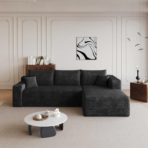 96" Cloud Small Sofa L-Shaped Modular Sectional with Chaise for Apartment & Living Room, Corduroy Deep Seat Boneless Couch, No Assembly Required, (Black, Right Facing Chaise) - Image 1