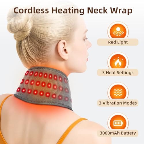 Cordless Neck Heating Pad for Pain, Neck Massager with 660nm 850nm Red Light, Heated Neck Wrap with 3000mAh Rechargeable, 3 Levels Heat & Massage, Gray - Thumbnail 2