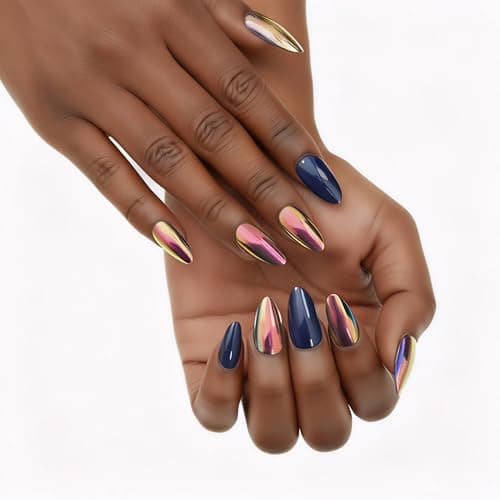 ZANVIA Acrylic Press On Nails Blue Almond - Nail Kit Iridescent Chrome Reusable Manicure for Women, 24 Nails in 12 Sizes with Glue, Adhesive Tabs, File, Prep Pad, Manicure Stick - Thumbnail 3