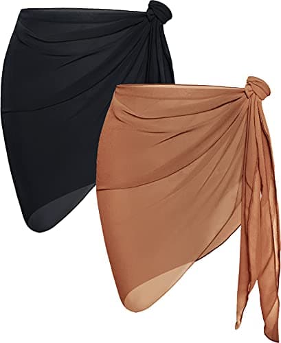 2 Pieces Sarong Cover Ups for Women Beach Bathing Suit Wrap Sheer Short Skirt Bikini Chiffon Scarf for Swimwear (Black,Brown) - Image 1