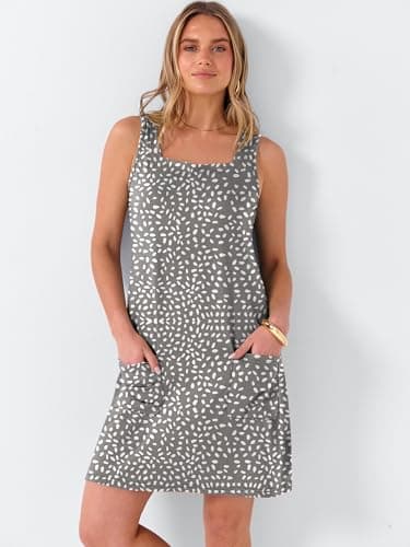 ANRABESS Womens Summer Tank Dress Square Neck Sleeveless Mini Sundress with Pocket 2026 Casual Floral Beach Vacation Outfits Khaki Polka Dot XX-Large - Thumbnail 4