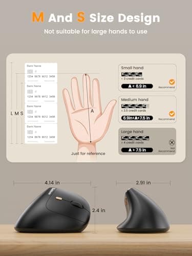 SABLUTE MAM3 Ergonomic Mouse, Bluetooth Mouse for Small/Medium Hands,Dual-Device Connectivity for Computer/Laptop, Rechargeable Wireless Vertical Mouse with 4 Adjustable DPI for Window,Mac OS,Black - Thumbnail 2