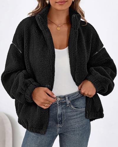 KIRUNDO Sherpa Jacket Women Fleece Oversized Zip Up Winter Coats Fall Jackets Faux Fur Warm Outwear 2026 Fashion Clothing(Black, Small) - Thumbnail 2