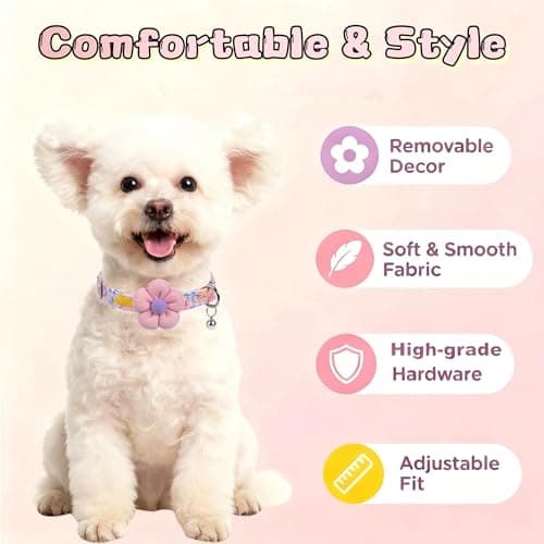 Floral Dog Collar with Bell and Flower, Cute Dog Collar for Puppy Small Medium Large Dogs, Pink Girl Dog Collar for Female/Male Dog Birthday Wedding Photo Props - Thumbnail 2