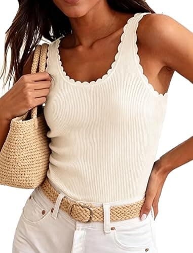 Orolay CHIIONE Women Scalloped Strap Ribbed Tank Tops 2026 Summer Dressy Casual Sleeveless Top Sexy Fitted Sweater Vest Beige - Image 1