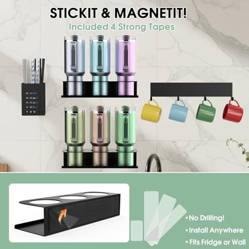 POLRAI 4 Pack Magnetic Cup Holder for Refrigerator, Water Bottle Organizer for Stanley and Tumbler, Accessory with Lid Hook Straw Holder and Double Sided Tape for Kitchen Fridge Cabinet - Thumbnail 3