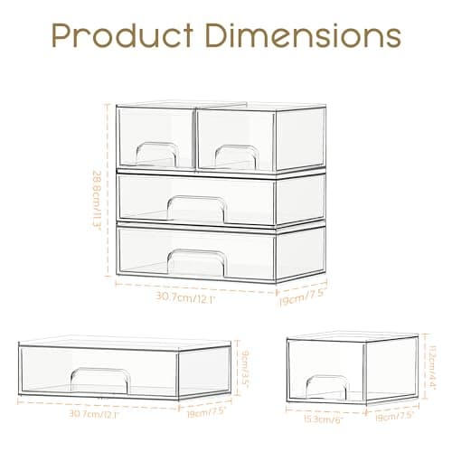 Criusia Stackable Storage Drawers, 4 Pack Clear Plastic Makeup & Bathroom Organizer, Versatile Storage Bins for Vanity, Under Sink, Kitchen Cabinets & Pantry - Thumbnail 2