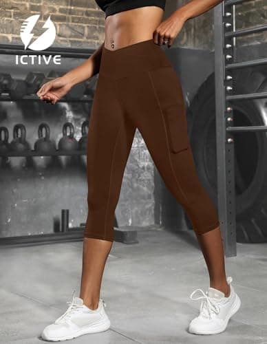 ICTIVE Women's Capris Yoga Pants with Pockets Crossover V Cross High Waisted Fitness Running Leggings Coffee S - Thumbnail 2