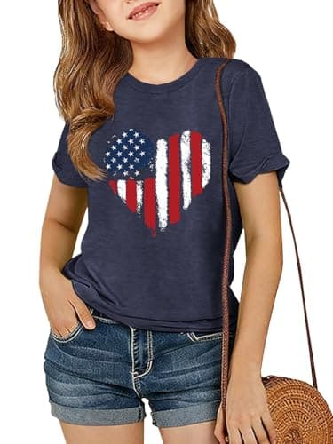 Humordream Girls 4th of July Short Sleeve T Shirts Kids Graphic Tees Crewneck Cute Casual Summer Tops Tees 5-14 Years - Image 1