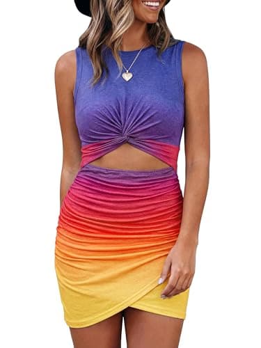 BTFBM Women 2026 Summer Dresses Sleeveless Casual Crewneck Bodycon Cutout Twist Slim Wrap Club Party Beach Mini Dress(Tie Dye Purple Yellow, Large) - Image 1