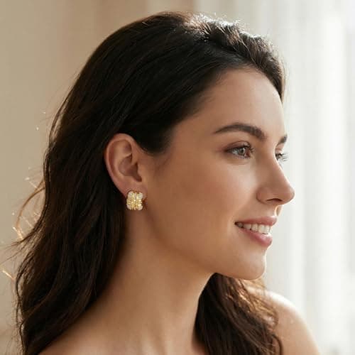 EYESHOCK Large Stud Earrings for Women Gold Stud Earrings 18K Gold Plated Cubic Zircon Square Woven Design Lightweight Hypoallergenic (Woven) - Thumbnail 3