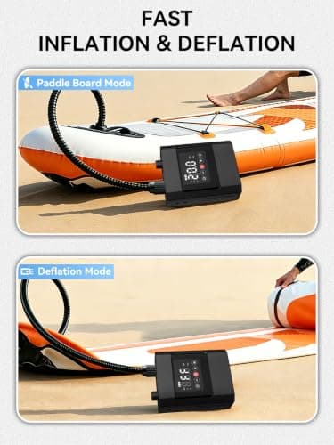 AIRSURE 20PSI High Pressure Electric Paddle Board Pump, Rechargeable Battery-Powered, Electric SUP Air Pump with 12V DC Car Connector, Intelligent Dual Stage for Inflatable Paddle Board, Kayak, Boats - Thumbnail 5