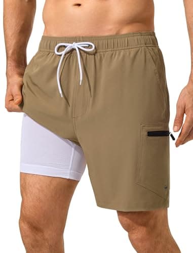 SILKWORLD Mens Swim Trunks Quick Dry Compression Liner Shorts Bathing Suit Beach Shorts 2 in 1 Swimwear, Khaki, XX-Large - Image 1
