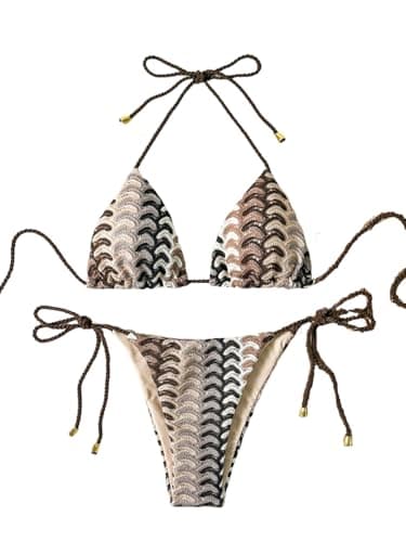 ZAFUL 2 Piece Triangle Bikini for Women Knitted Rope Halter Bikini Sets Sexy Bathing Suit Side Tie Swimsuits Beachwear 2-Brown S - Image 1