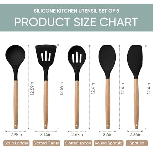 Herogo 5-Piece Cooking Utensils Set, Silicone Kitchen Utensils Set with Wooden Handle, Heat Resistant Cooking Tools Slotted Turner, Spoon, Soup Ladle, Spatula, Spoonula for Nonstick Cookware, Black - Thumbnail 2