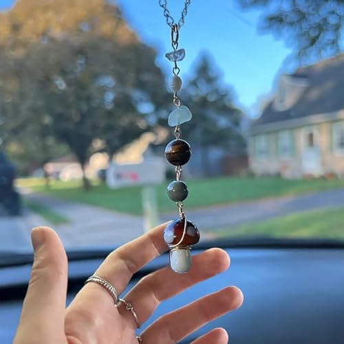 Mushroom Car Accessories for Women Cute Mushroom Hanging Ornament Boho Rear View Mirror Accessories Interior Car Decor Bag Charms Gifts for Women Girls (Brown) - Thumbnail 2