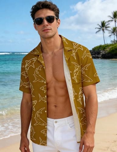 EoBeKee Men's Hawaiian Shirt Short Sleeve Button Down, Shark Print Tropical Beach Shirts Casual Summer Vacation Tops - Thumbnail 3