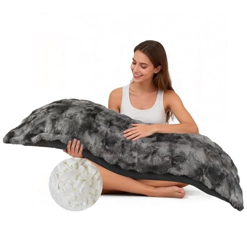 JNTGVINE Fluffy Faux Fur Body Pillow for Adults, 6.8lb 21x54 Inch Tie-Dye Body Pillow with Shredded Memory Foam for Bed, Adjustable Height, Support for Side Sleepers & Pregnancy, Washable, Grey