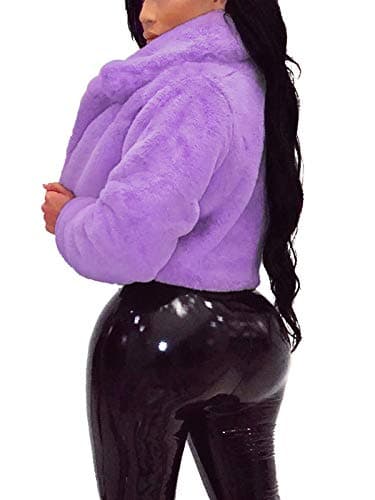 RAMOUG Ladies Sexy Bubble Coat Women Winter Birthday Party Crop Shearling Jacket L Purple - Thumbnail 2