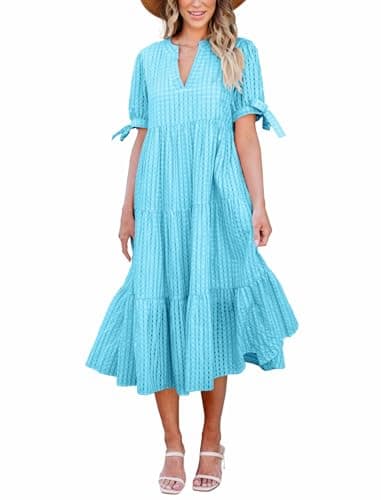 Theenkoln Womens Casual Midi Dress: Short Sleeve V-Neck Empire Waist Gingham Spring Fashion Long Trendy Tiered Formal Dresses Blue - Image 1