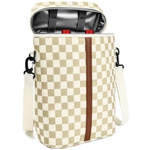 Neverwhy Insulated Wine Bag - Wine Bottle Carrier Tote Cooler Bags for Gifts Travel Picnic Beach, Khaki Checkered Pattern - 2 Bottle