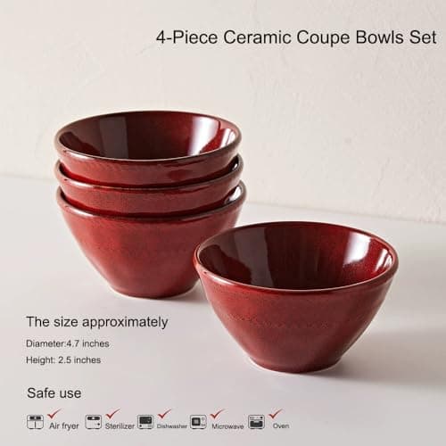 JINNTHE Ceramic Bowls Set of 4-11 OZ Small Bowl Set, Farmhouse Vintage Red Bowls 4.7 Inches Ramekins Bowl for Salad Dessert Yogurt Dipping Ice Cream Fruit Rice- Microwave Dishwasher Safe Retro Red - Thumbnail 6