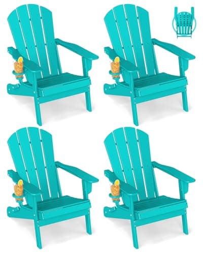 GREENVINES Folding-Adirondack-Chairs-Set-of-4 | w/Cup Holder | HDPE Plastic | All-Weather Patio Fire Pit Chairs | for Outdoor Poolside Deck | Aqua