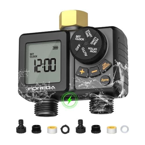 FOREDA 2 Zone Water Timer for Garden Hose, Programmable Hose Timer for Watering with Built-in Rechargeable Battery, Rain Delay/Manual/Auto Modes, IPX6 Waterproof Sprinkler Timers for Lawn, Yard, Farm - Image 1
